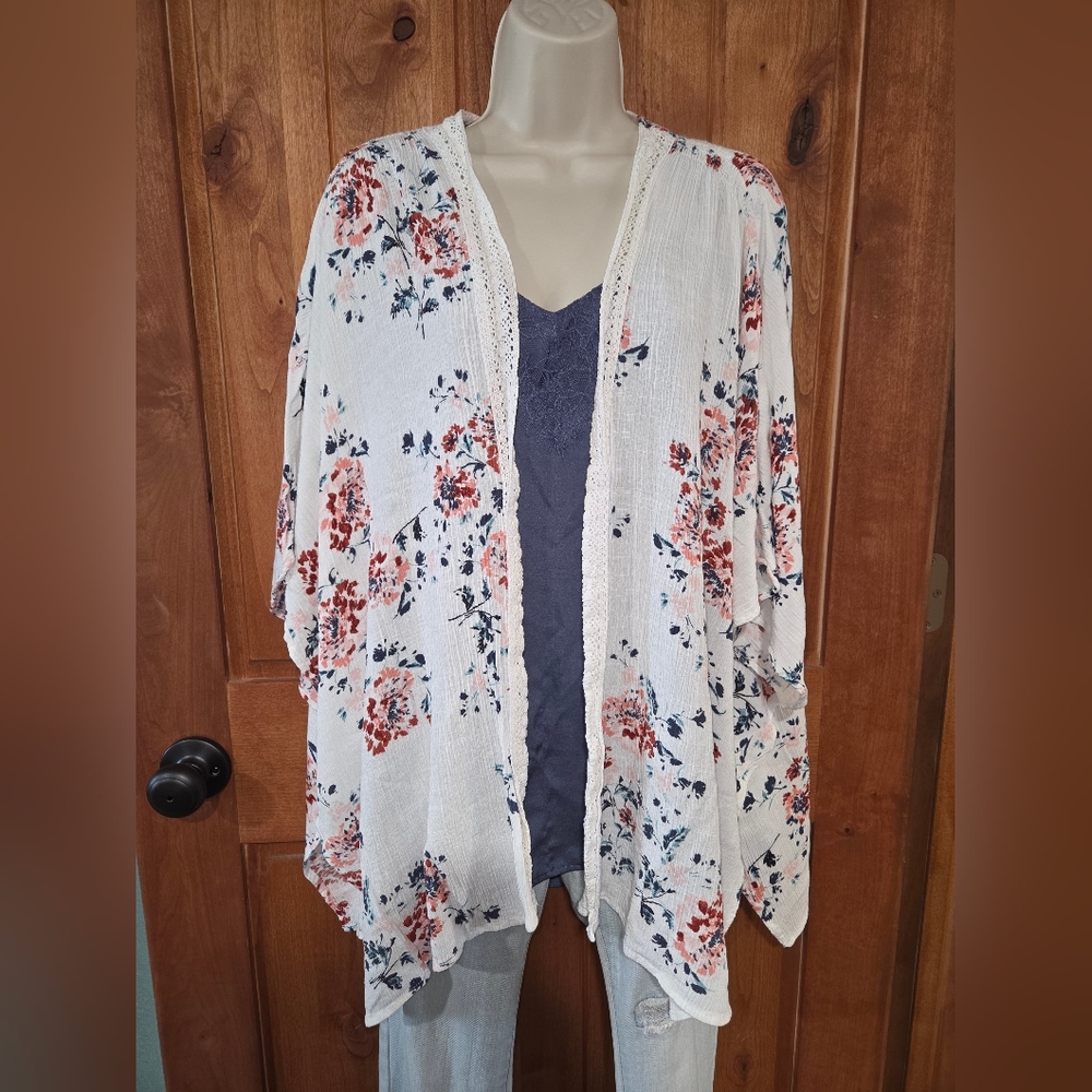Maurices Floral‎ Open-Front Cardigan - White and Pink
